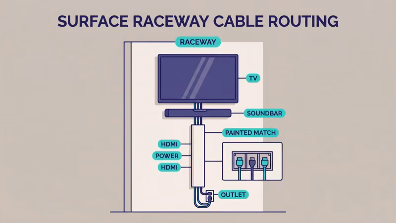 Surface cable raceway routing two HDMI and one power cable vertically down the wall from a wall-mounted TV and soundbar to a floor outlet with the raceway painted to match the wall