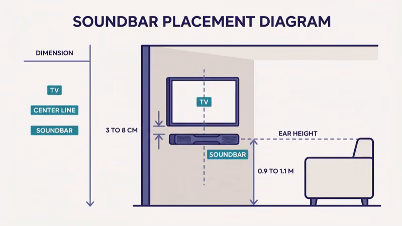 Diagram showing correct soundbar vertical placement three to eight centimeters below a wall-mounted TV with the grille centered horizontally and aimed at seated ear height