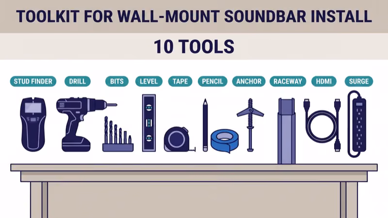 Wall-mount soundbar installation toolkit showing stud finder drill bubble level tape measure pencil toggle bolts raceway HDMI cable and surge protector on a workbench