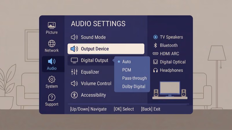 TV audio output settings menu for soundbar configuration