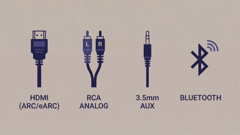 Audio cable types for soundbar including HDMI RCA and AUX options