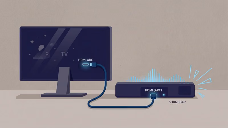 HDMI ARC cable connecting soundbar to TV with audio signal flow