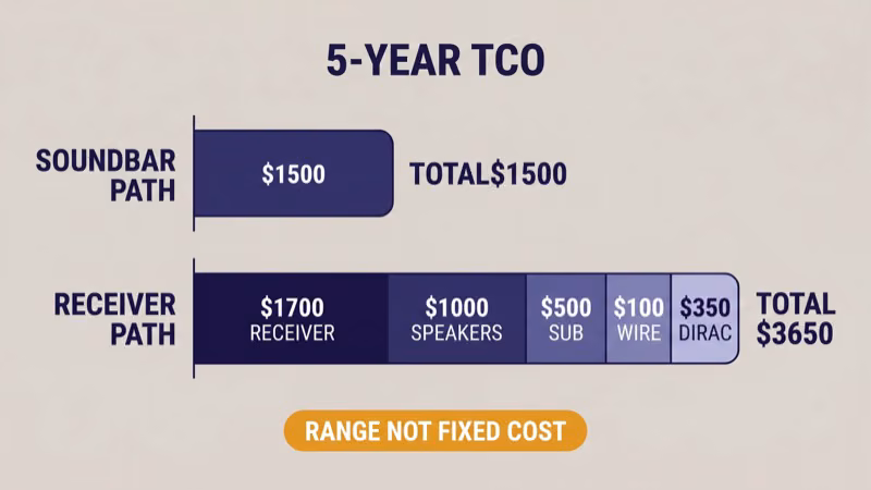 5-year total cost of ownership comparison: soundbar path at $1,500 single segment versus receiver path at $3,650 broken into receiver plus speakers plus sub plus wire plus Dirac, with a banner reading range not fixed cost