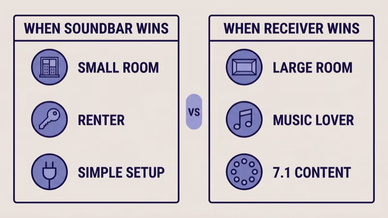 Side-by-side matrix showing when a soundbar wins (small room, renter, simple setup) versus when an AV receiver wins (large room, music lover, 7.1 content)