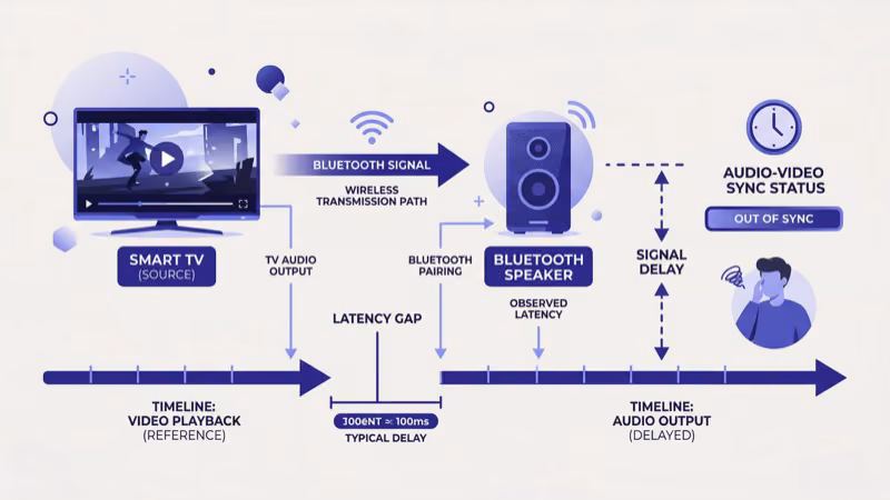 Diagram showing Bluetooth audio delay versus HDMI ARC zero latency connection to TV