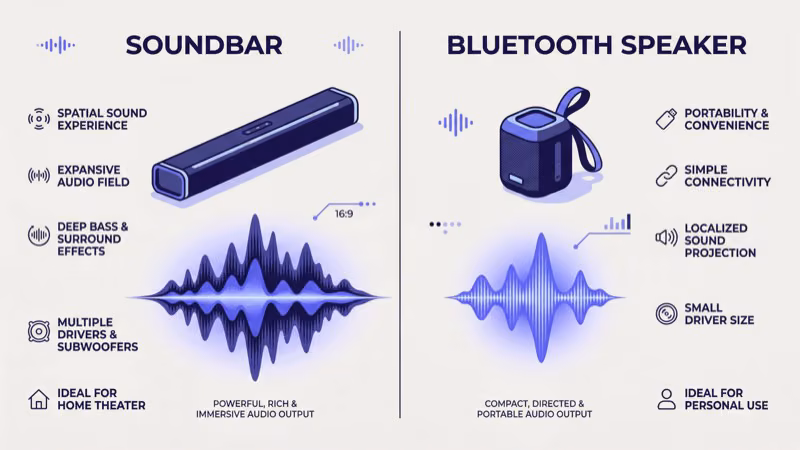 Soundbar and Bluetooth speaker side by side showing frequency response sound quality difference