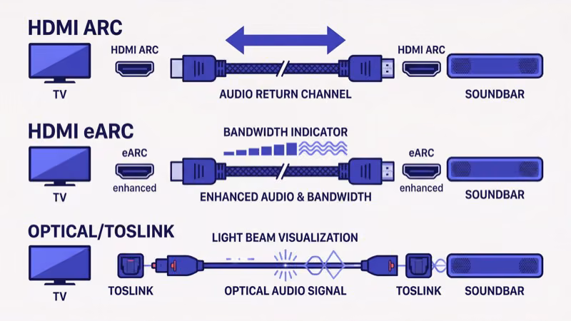 HDMI ARC eARC and optical cable connection types for soundbar to TV setup