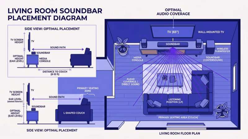 Living room soundbar placement diagram showing optimal positioning below TV screen