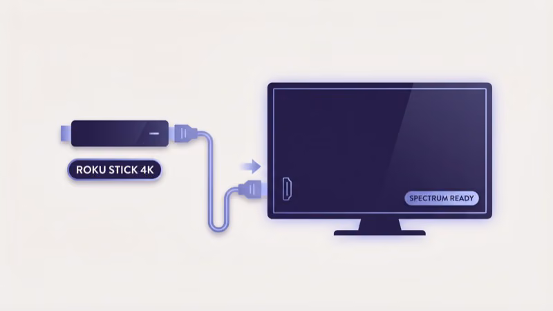 Roku Streaming Stick 4K plugged into Vizio TV HDMI port with Spectrum app installed