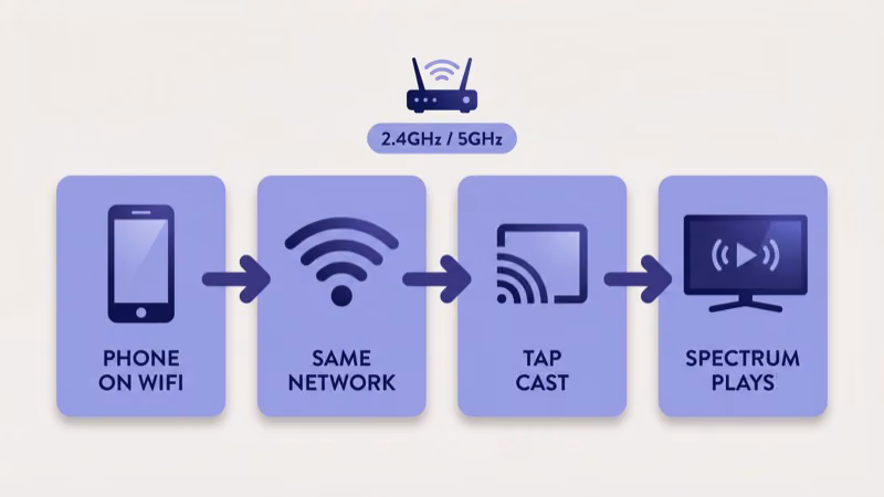 Phone and Vizio TV connected to same Wi-Fi network with Spectrum cast icon visible