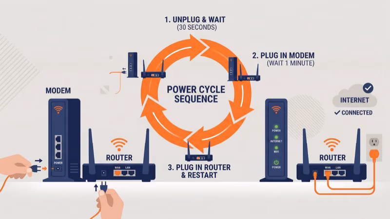 Home network modem and router being unplugged for a full power cycle reset