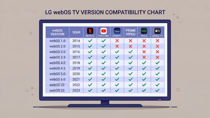 LG TV webOS version compatibility chart for streaming apps