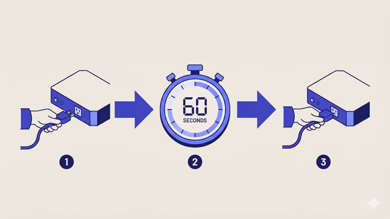 Three step power cycle sequence showing unplug wait sixty seconds and replug