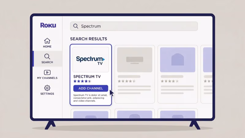 Roku Channel Store search screen showing Spectrum TV app installation