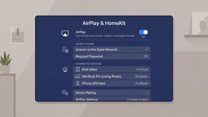 Sony TV AirPlay settings menu with device pairing options