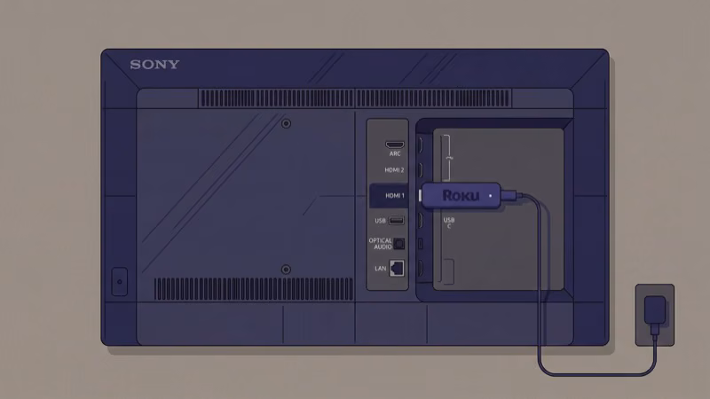 Roku streaming stick plugged into Sony TV HDMI port