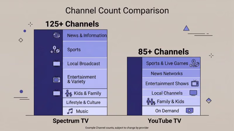 Spectrum TV and YouTube TV channel count comparison chart