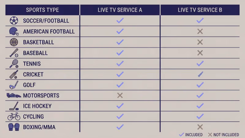Sports channel availability grid for Spectrum TV and YouTube TV