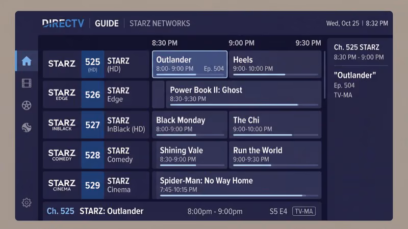 Starz channel numbers 525 through 542 on DirecTV guide including Encore sub-channels