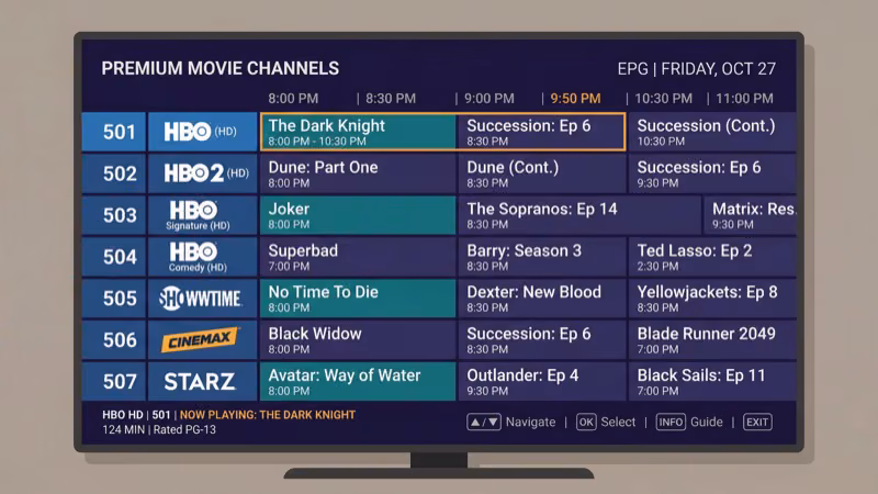 Satellite TV channel guide showing Starz premium movie channels