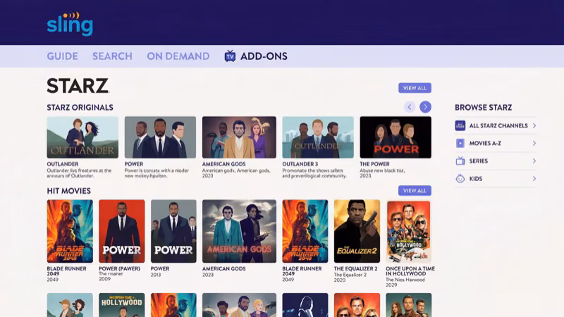 Starz channel lineup on Sling TV showing 15 available live channels