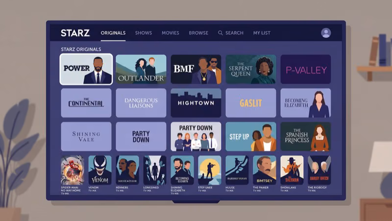 Starz original series lineup displayed on smart TV screen