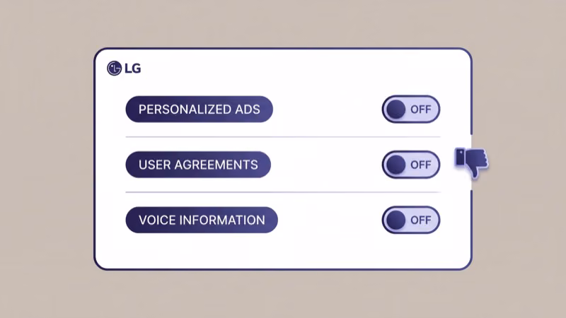 LG webOS personalized ads and user agreements toggles disabled with thumbs down icon
