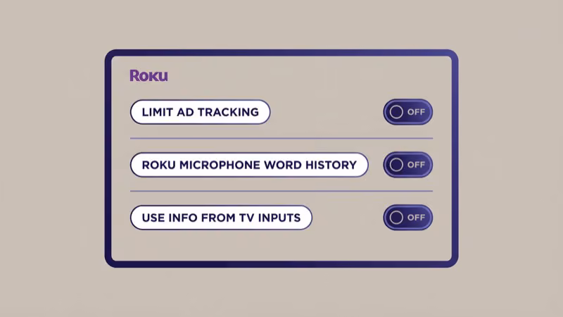 Roku privacy menu with Limit Ad Tracking and microphone history toggles disabled