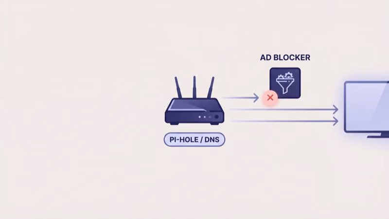 Home router with Pi-hole DNS ad blocker intercepting ad request to smart TV