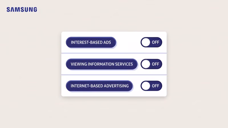 Samsung Tizen privacy menu with Interest-Based Ads and Viewing Information toggles in off position