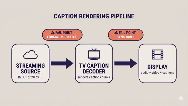 Caption rendering pipeline flowchart showing format-mismatch and sync-drift fail points between streaming source, TV decoder, and display