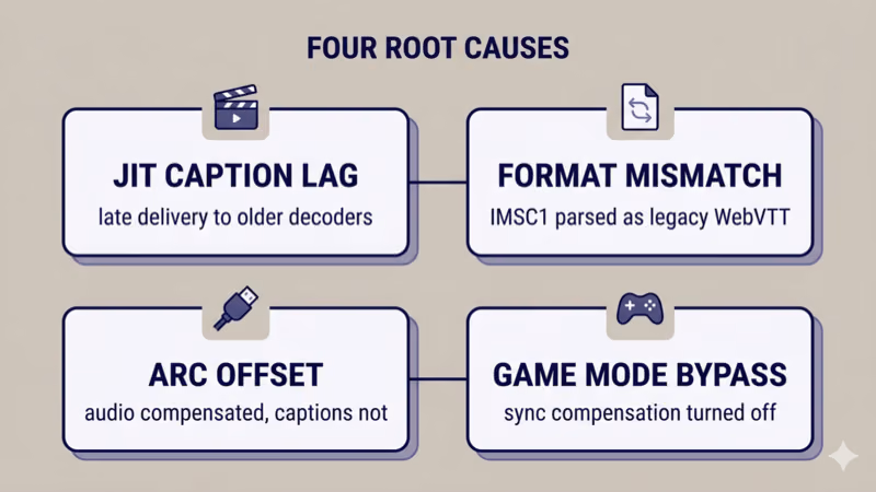 Four root causes of streaming caption drift: JIT caption lag, format mismatch, ARC offset, Game Mode bypass