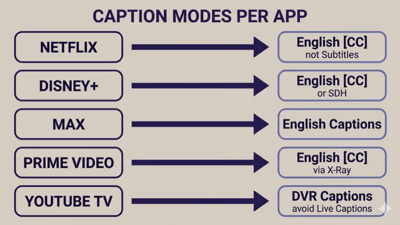 Caption mode labels across Netflix, Disney+, Max, Prime Video, and YouTube TV mapped side by side