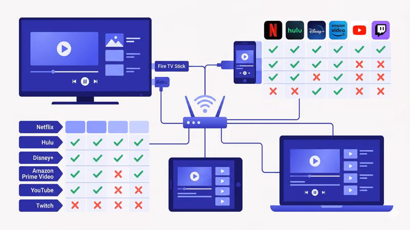 Media player app compatibility chart showing Plex Kodi Jellyfin support across Roku LG Samsung Fire TV