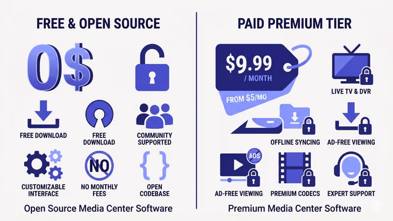 Comparison of free media center apps Kodi and Jellyfin versus paid Plex and Emby subscription tiers