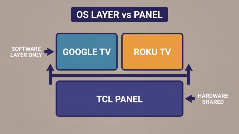 Diagram showing a stack with TCL panel hardware at the bottom unchanged between two OS options and Google TV on the left upper stack versus Roku TV on the right upper stack representing the software-layer-only decision