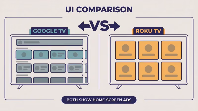 Side-by-side OS user interface comparison showing Google TV home screen with horizontal content rows and recommendations on the left versus Roku TV home screen with grid tile channel icons on the right