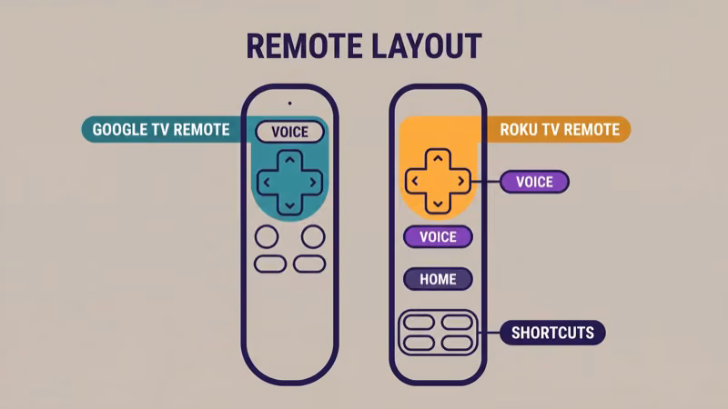 Side-by-side remote comparison showing the Google TV remote on the left with directional pad voice button and Google Assistant shortcut versus the Roku TV remote on the right with purple voice button and Roku home button plus four streaming service shortcut buttons