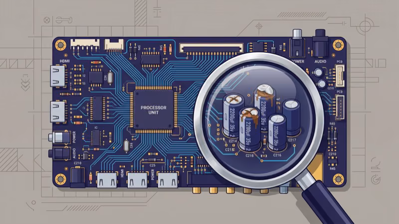 TCL TV power supply board showing swollen capacitors that cause restart loops
