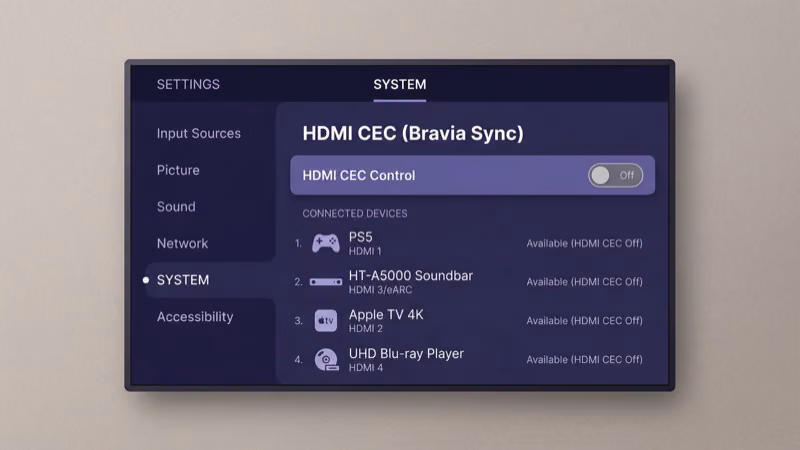 TCL Roku TV HDMI CEC settings menu showing one-touch play and system audio control options