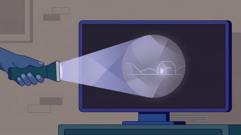 Flashlight test revealing faint image on dark TCL TV screen