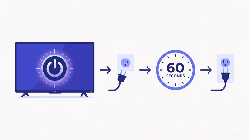TCL TV power cycle sequence showing unplug wait sixty seconds and replug steps