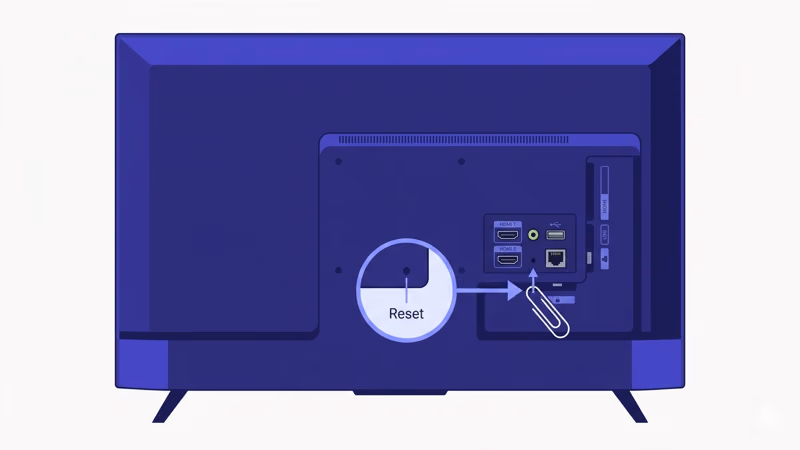 TCL TV back panel showing physical reset pinhole button location near ports