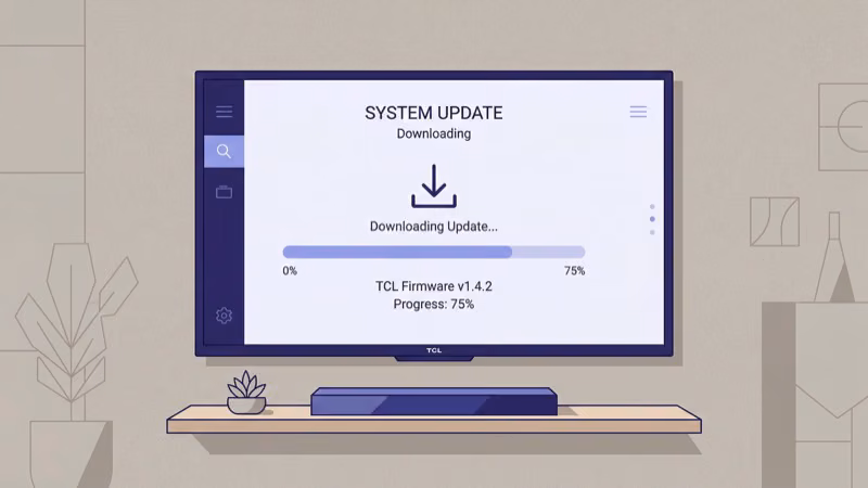 TCL TV system settings showing firmware update in progress
