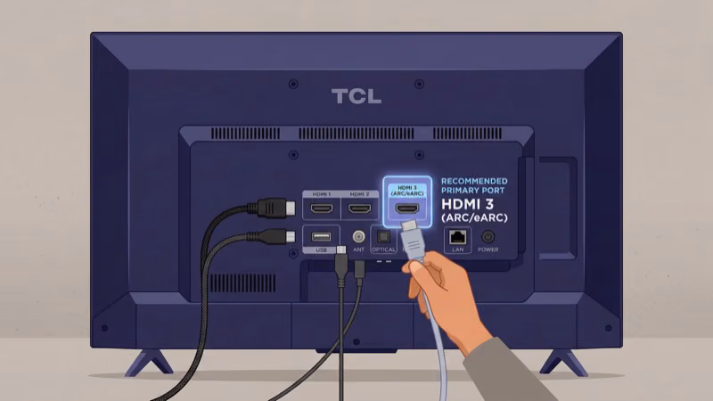 HDMI cable connection being checked on TCL TV back panel
