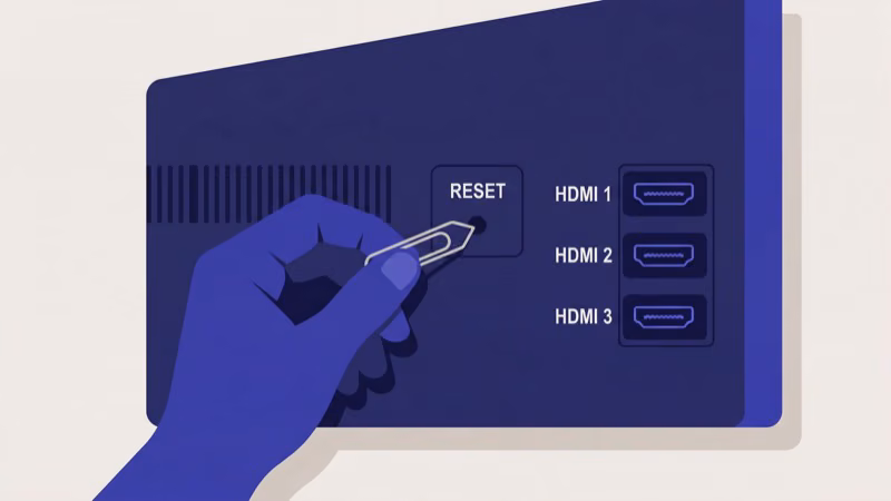 Using a paperclip to press the pinhole reset button on the back of a TCL TV