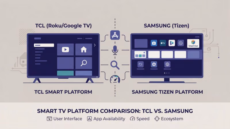 Samsung Tizen One UI versus TCL Roku and Google TV smart platforms