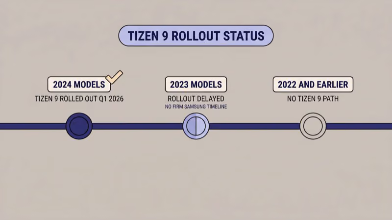 Tizen 9 rollout timeline showing 2024 models rolled out Q1 2026 while 2023 models remain delayed with no firm Samsung timeline and 2022 and earlier receive no Tizen 9 path
