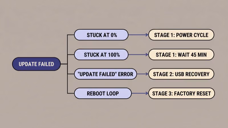 Tizen 9 update failure symptom decision tree showing stuck percentages, error messages, and reboot loops with matching recovery stages