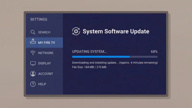 Fire TV system settings showing software update progress screen